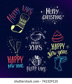 Set of Christmas lettering with holiday objects. Hand drawn vector isolated