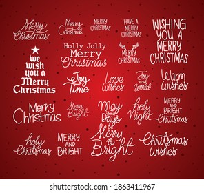set of christmas lettering on dark red background vector illustration design