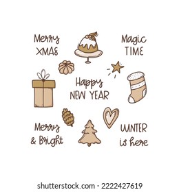 Set of Christmas lettering quote, tree, decorations, gift box, stocking. Colorful winter design doodle vector illustration in flat cartoon style. Boho color concept.
