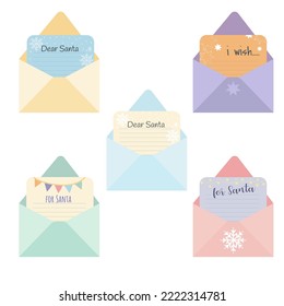 Set of Christmas letters in an open envelopes for Santa.The children message for Santa Claus.