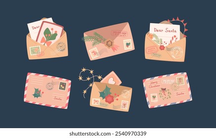  A set of Christmas letters. Letters to Santa. Letters with stamps and Christmas stamps.