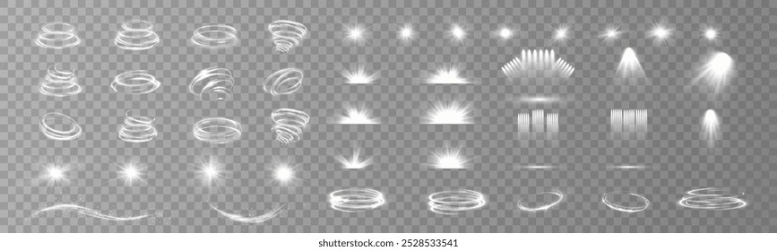 Set of Christmas light effects. Glow isolated white transparent set of light effects, lens flare, explosion, sparkle, dust, line, solar flare, sparks and stars, spotlight, curve swirl. Sunlight, abstr