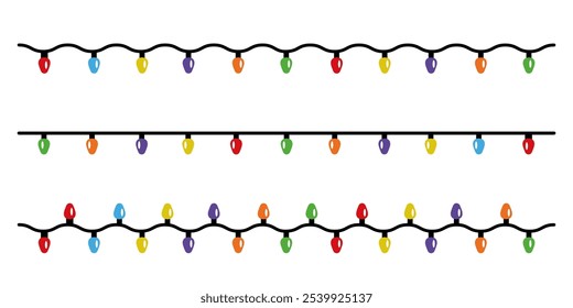 Set of Christmas lights border in flat style. Vector design of colorful string lightbulb garland. Winter holiday decorative element for xmas cards, invitations, banners, posters