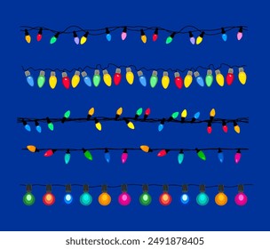 Set of Christmas lights border. Multicolored bulbs on strand seamless horizontal pattern. Vector illustration isolated on blue background. Trendy design for New Year, Xmas card, invitation, banner.