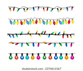 Set of Christmas lights border vector seamless.