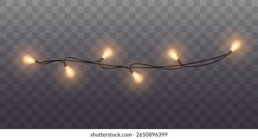Set of Christmas lights. Bright bulbs on transparent background. Garland decorations. Vector illustration.