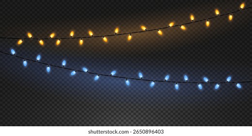 Set of Christmas lights. Bright bulbs on transparent background. Garland decorations. Vector illustration.