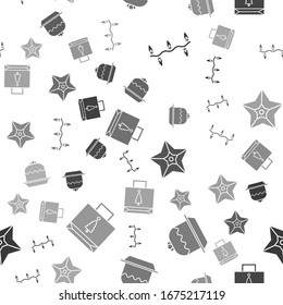 Set Christmas lights, Cake, Christmas star and Christmas paper shopping bag on seamless pattern. Vector