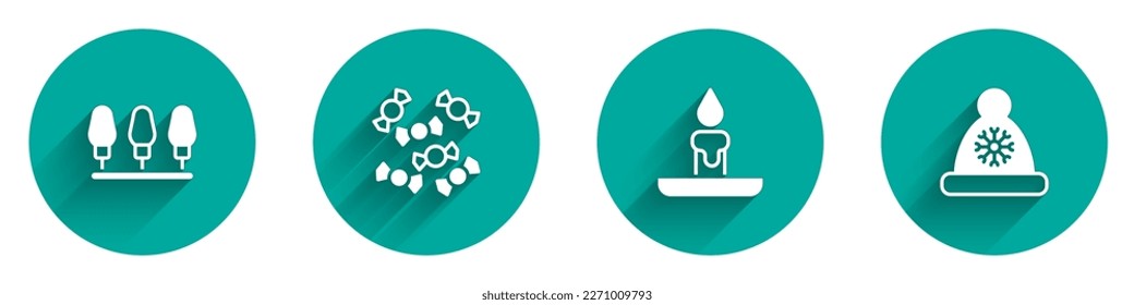 Set Christmas lights, Candy, Burning candle and Santa Claus hat icon with long shadow. Vector