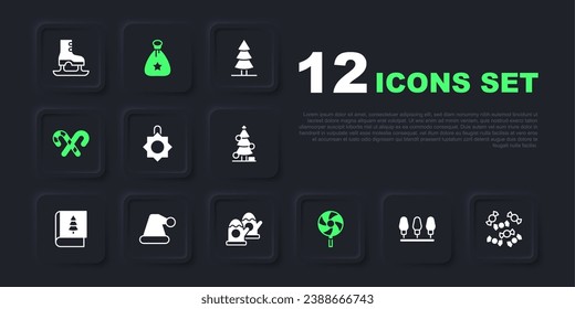 Set Christmas lights, Candy, toy, Lollipop, cane with stripes, Santa Claus hat, bag gift and mittens icon. Vector