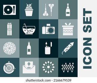Set Christmas lights, Firework rocket, Gift box, Dart arrow, Mixed punch in bowl, Vinyl player with vinyl disk and Photo camera icon. Vector