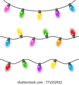 Set of Christmas lights, garland of multi-colored light bulbs on a white background. Seamless pattern, vector illustration