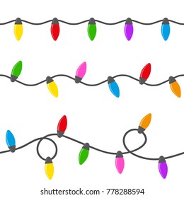 Set Of Christmas Lights, Garland Of Multi-colored Light Bulbs On A White Background. Seamless Pattern, Vector Illustration