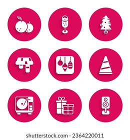 Set Christmas lights, Gift box, Stereo speaker, Party hat, Vinyl player with vinyl disk, Winter scarf, tree and Tangerine icon. Vector