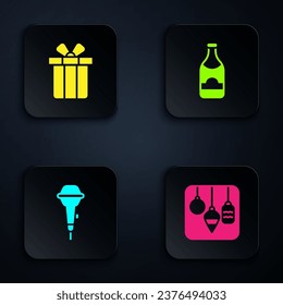 Set Christmas lights, Gift box, Microphone and Champagne bottle. Black square button. Vector
