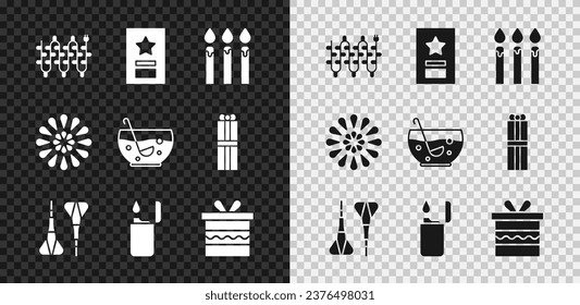 Set Christmas lights, Greeting card, Birthday cake candles, Dart arrow, Lighter, Gift box, Firework and Mixed punch bowl icon. Vector