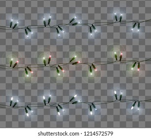Set of Christmas lights isolated on transparent background. Realistic colored glowing light bulb. Vector illustration.