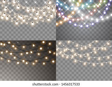 Set of christmas lights isolated realistic design elements.. Glowing lights for Xmas Holiday cards, banners, posters, web design. Garlands decorations. Vector illustration