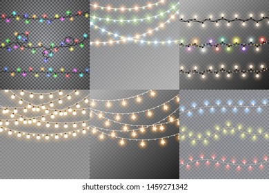 Set of christmas lights isolated realistic design elements. Glowing lights for Xmas Holiday cards, banners, posters, web design. Garlands decorations. Vector illustration