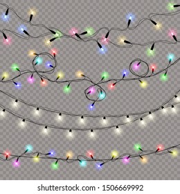 Set of christmas lights isolated realistic design elements. Glowing lights for Xmas Holiday cards, banners, posters, web design. Garlands decorations. Vector illustration.