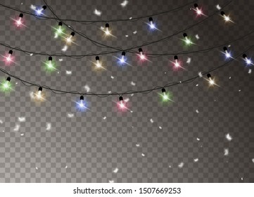 Set of christmas lights isolated realistic design elements. Christmas snow for the new year.  Glowing lights for Xmas Holiday cards, banners, posters, web design. Garlands decorations. 