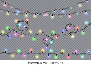 Set of christmas lights isolated realistic design elements. Glowing lights for Xmas Holiday cards, banners, posters, web design. Garlands decorations. Vector illustration.