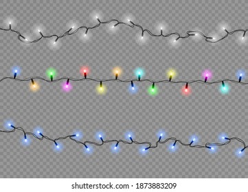 Set of christmas lights isolated realistic design elements. Glowing lights for Xmas Holiday cards, banners, posters, web design. Garlands decorations. Vector illustration