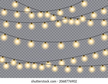 Set of christmas lights isolated realistic design elements. Glowing lights for Xmas Holiday cards, banners, posters, web design. Garlands decorations. Vector illustration.