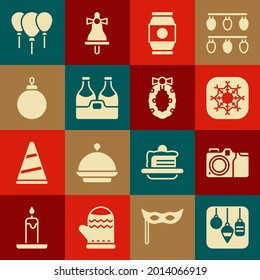 Set Christmas lights, Photo camera, Snowflake, Beer can, Champagne bottle, ball, Balloons with ribbon and wreath icon. Vector