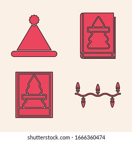 Set Christmas lights, Christmas Santa Claus hat, Christmas book and Christmas postcard icon. Vector