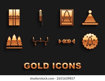 Set Christmas lights, Santa Claus hat, Cookie or biscuit with chocolate, Candy, trees, postcard, Gift box and Firework rocket icon. Vector