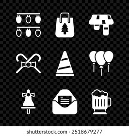 Set Christmas lights, shopping bag, Winter scarf, Merry ringing bell, party invitation card, Wooden beer mug, candy cane and Party hat icon. Vector