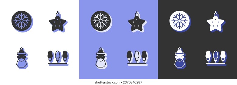 Set Christmas lights, Snowflake, Santa Claus hat and beard and star icon. Vector