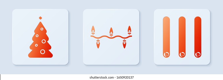 Set Christmas lights, Christmas tree with decorations and Three rolled sticks of cinnamon. White square button. Vector