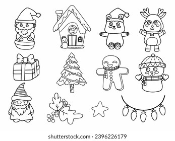 set of christmas line art elements for make coloring worksheet for kids. santa, raindear, snowman, christmas tree, gift box, ginger bread.