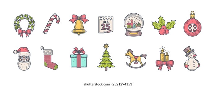 Set of Christmas line art icons. Christmas decorations icon set. Vector illustration.