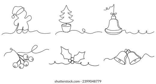 Set of Christmas line arts, continuous line vector