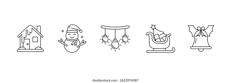 Conjunto de coleção de ícones de linha de Natal. Papai Noel, presente, anjo, caixa, arco, sino, árvore de Natal, símbolo de fogos de artifício.