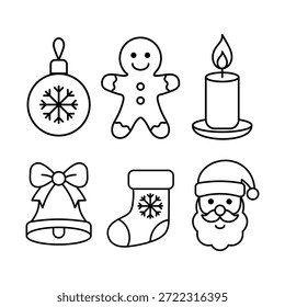 Conjunto de Ilustraciones vectoriales de la línea de Navidades: galleta de jengibre, ornamento del árbol de Navidad, Santa Claus, Navidades medias, vela, campana