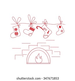 Set of Christmas linear socks with a present on linear fireplace.Outline Christmas icons. Template for Greeting Scrap booking, Congratulations, Invitations.