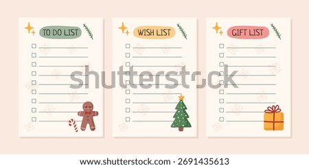 Set of Christmas lists. To do list, Wish list, Gift list template. Vector illustration