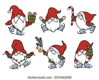 Set of Christmas little gnomes. Collection of cute ice skates gnomes with candy's, presents, christmas tree, etc. Vector illustration for New Year postcard. Drawing for children.