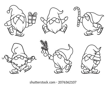 Set of Christmas little gnomes. Collection of cute ice skates gnomes with candy's, presents, christmas tree, etc. Vector illustration for New Year postcard. Drawing for children.