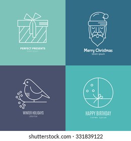  Set of Christmas logos including presents, Santa Claus, winter bird. Line vector illustration.