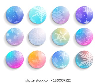 Set of Christmas magnets with snowflakes. Vector objects. Rainbow snowflake magnets. Vector.