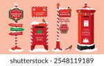 A set of Christmas mailboxes and road signs. Santa Claus