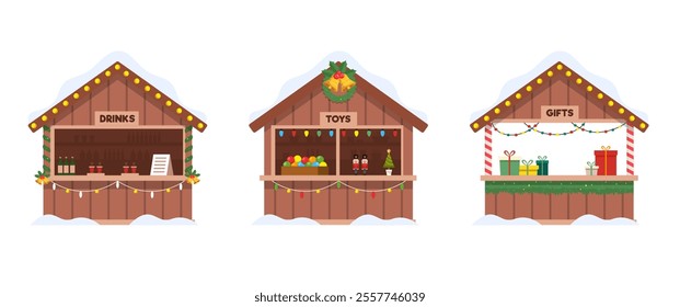 Set of Christmas market stall kiosk isolated on white background. Traditional winter Christmas market. Vector stock