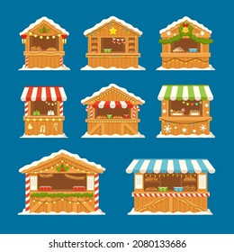 Weihnachtsmarkt-Stände mit Essen, Süßigkeiten und heißen Getränken. Weihnachtsgeschirr oder Bäckereikioske aus Holz, Winterhäuser mit Canopy, mit Garden dekoriert, Zweige aus Tannenbaum. Cartoon-Vektorgrafik