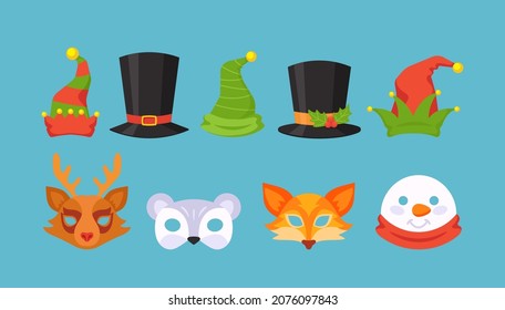 Set of Christmas Masks of Reindeer, Mouse, Fox and Snowman. Elves and Top Hats for Photo Booth or Masquerade Costume Party. Isolated Face Masking Xmas Holidays Elements. Cartoon Vector Illustration