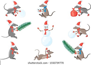Set of Christmas mice and snowman.Cartoon character.Can be used for children's prints.